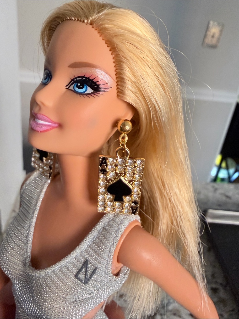 Barbie Doll Gold Rhinestone Ace of Spades Earring